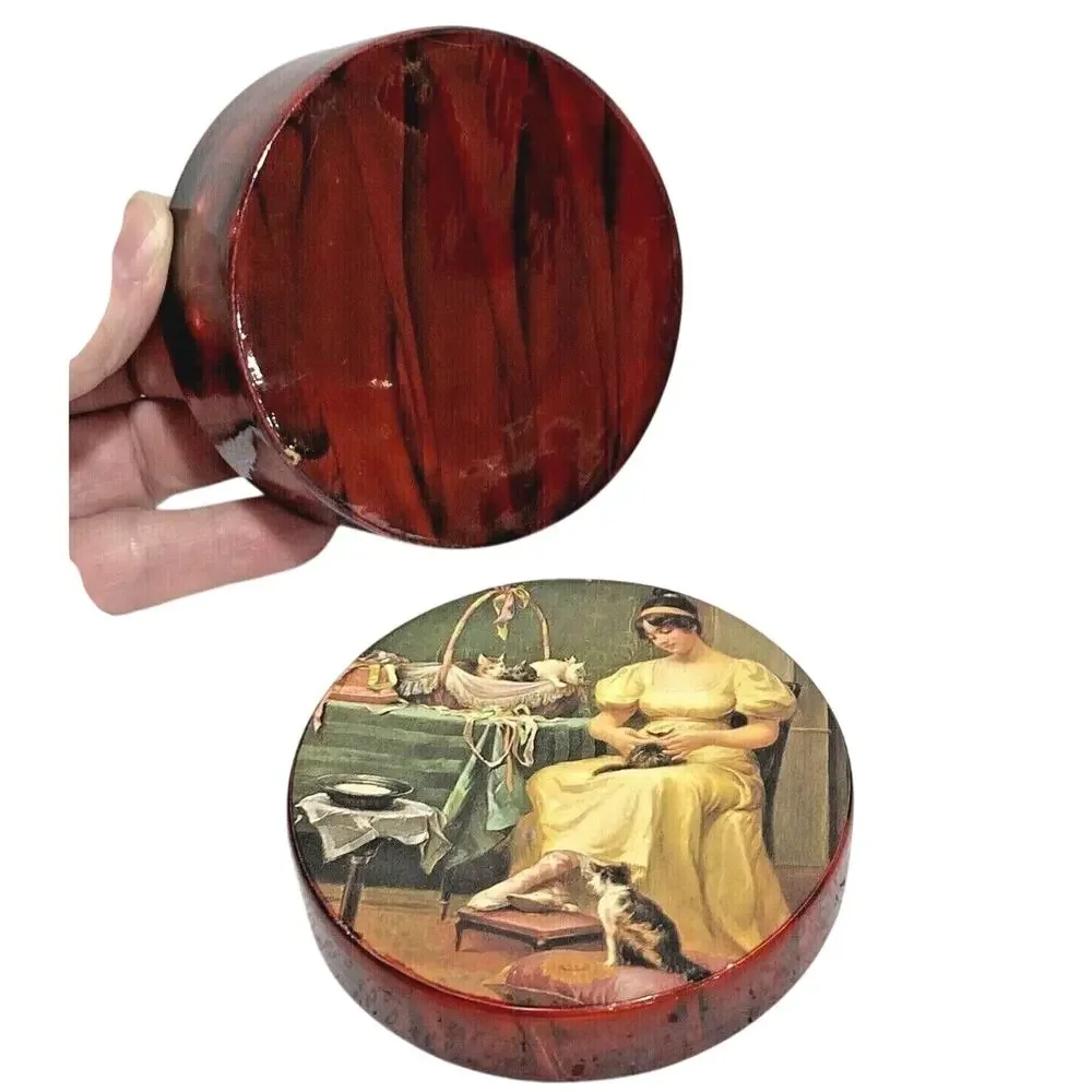 Vintage Y2K trinket Jewelry box round mahogany lacquerware cottage core romantic